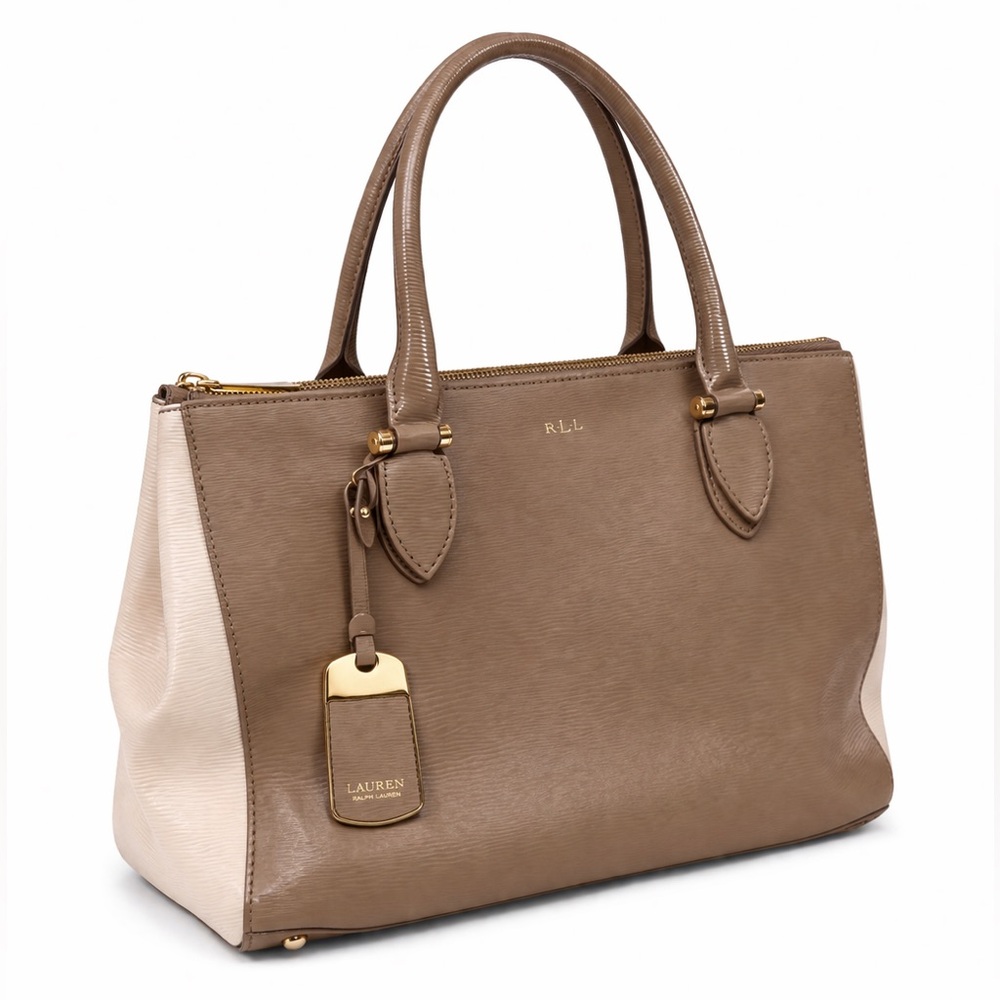 Lauren Ralph Lauren RLL Brown Cream Saffiano Satchel Tote Bag